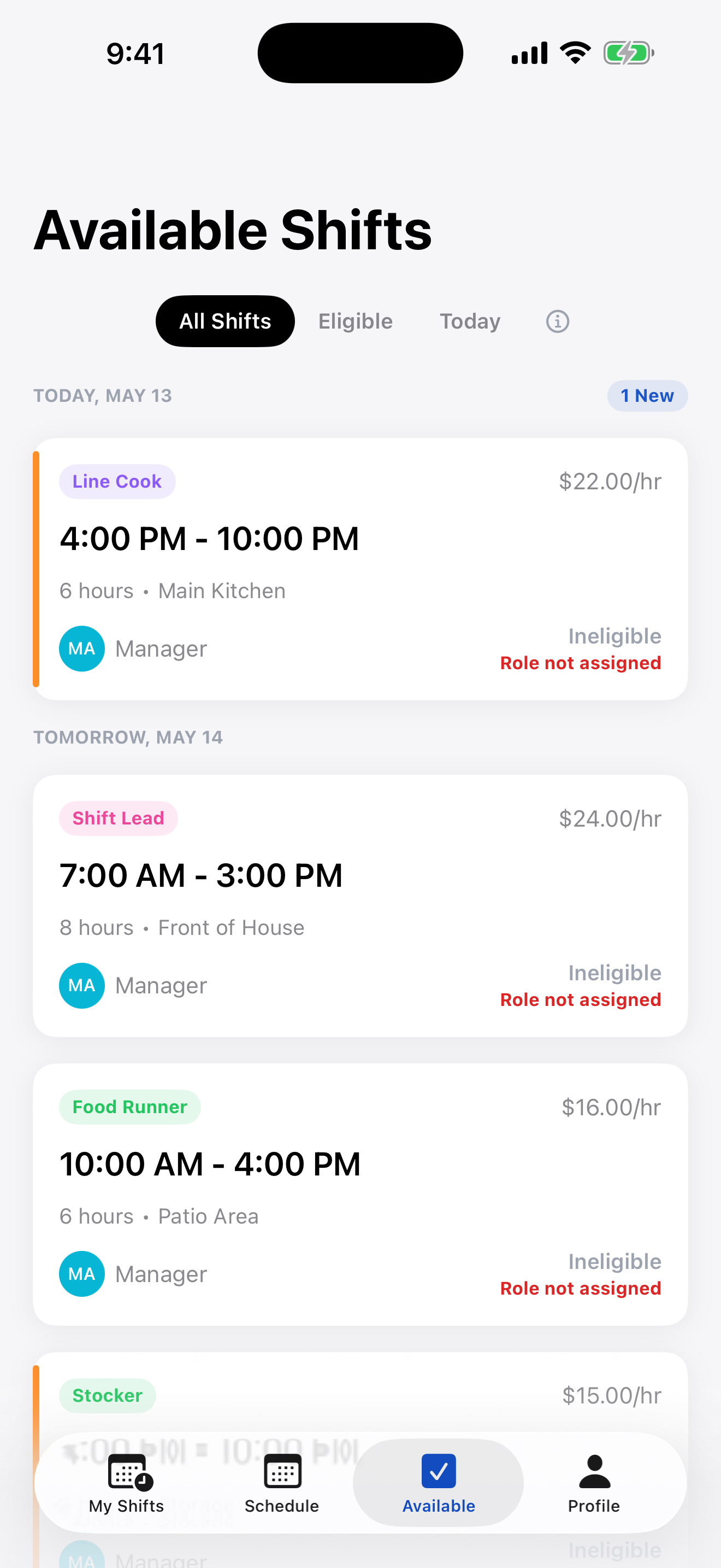 Available Shifts board showing four open shifts across two days with role tags, hourly rates, and ineligibility warnings