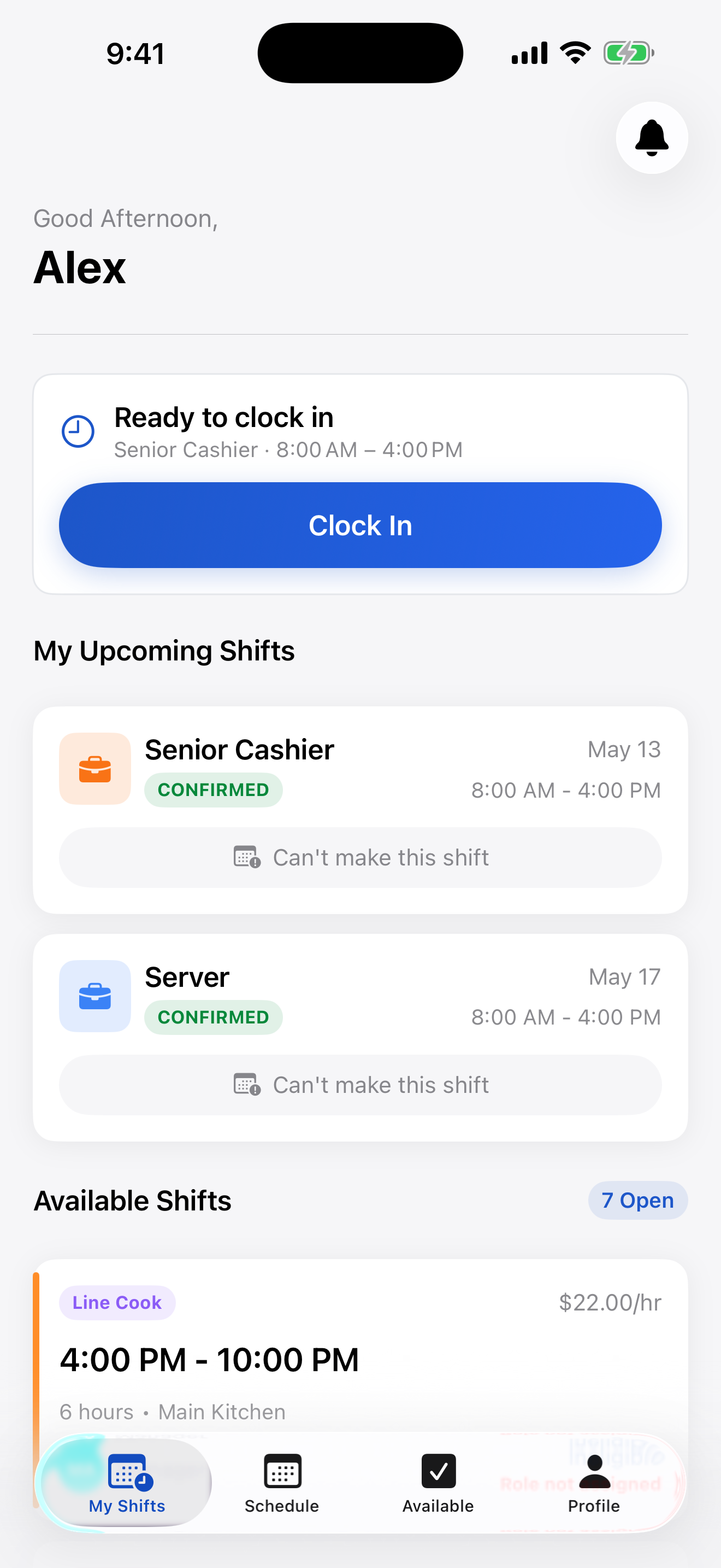 CoverShift employee home screen showing 'Ready to clock in' card, upcoming confirmed shifts, and Available Shifts board with 7 open positions