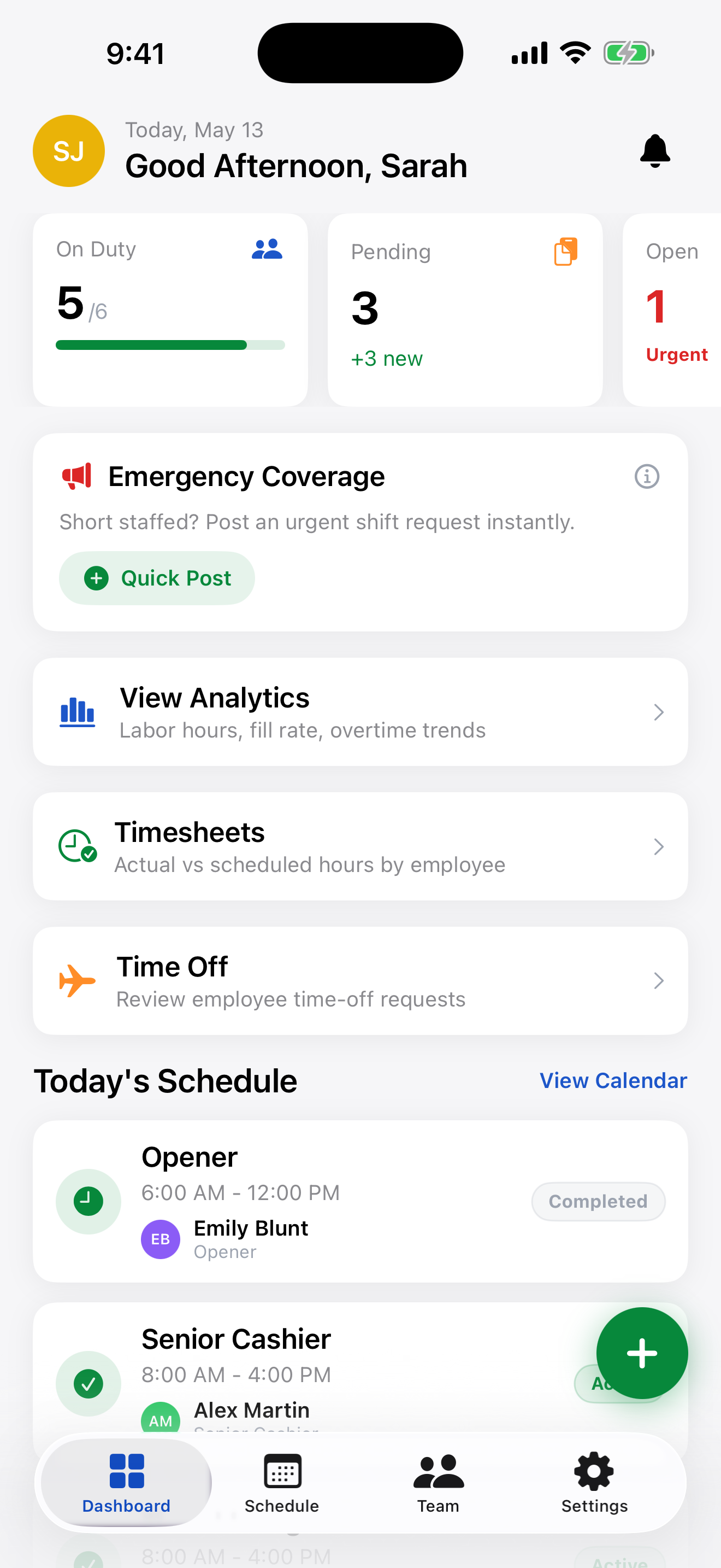 Manager dashboard with on-duty count, pending requests, emergency coverage shortcut, and today's schedule