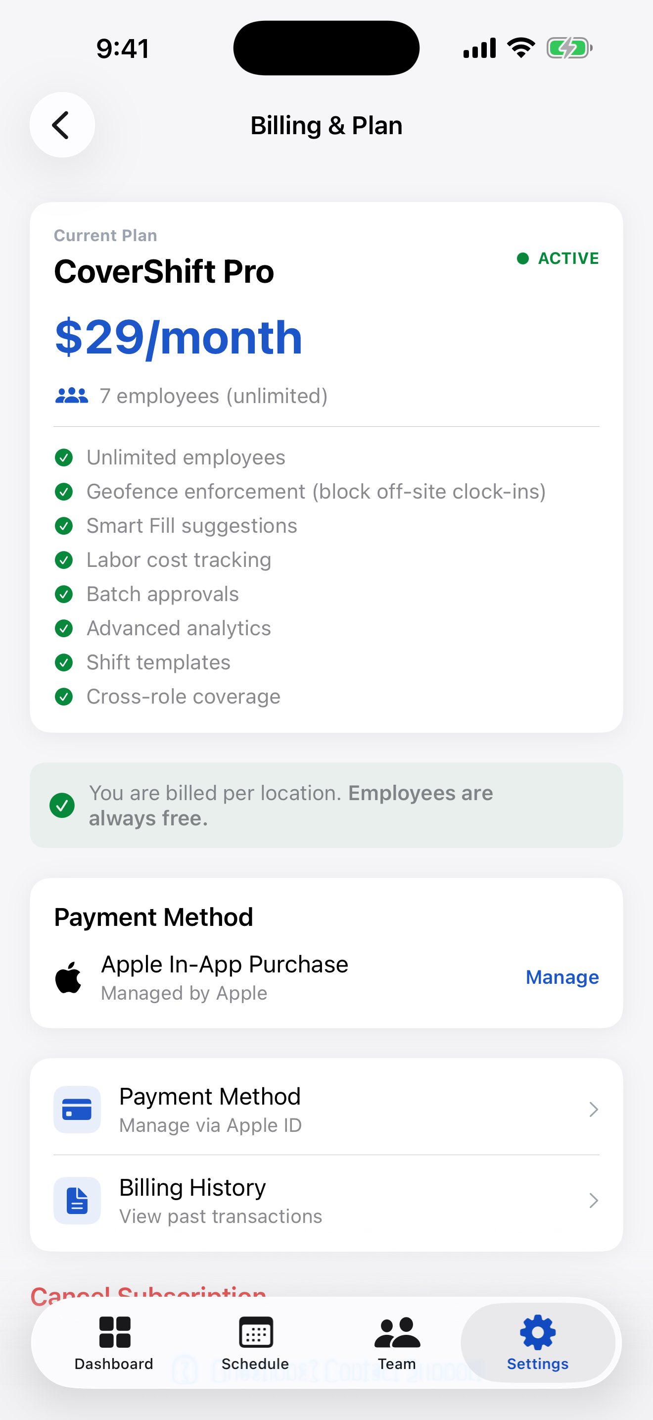 CoverShift Pro billing screen showing $29 / month, 7 employees unlimited, and Pro feature checklist