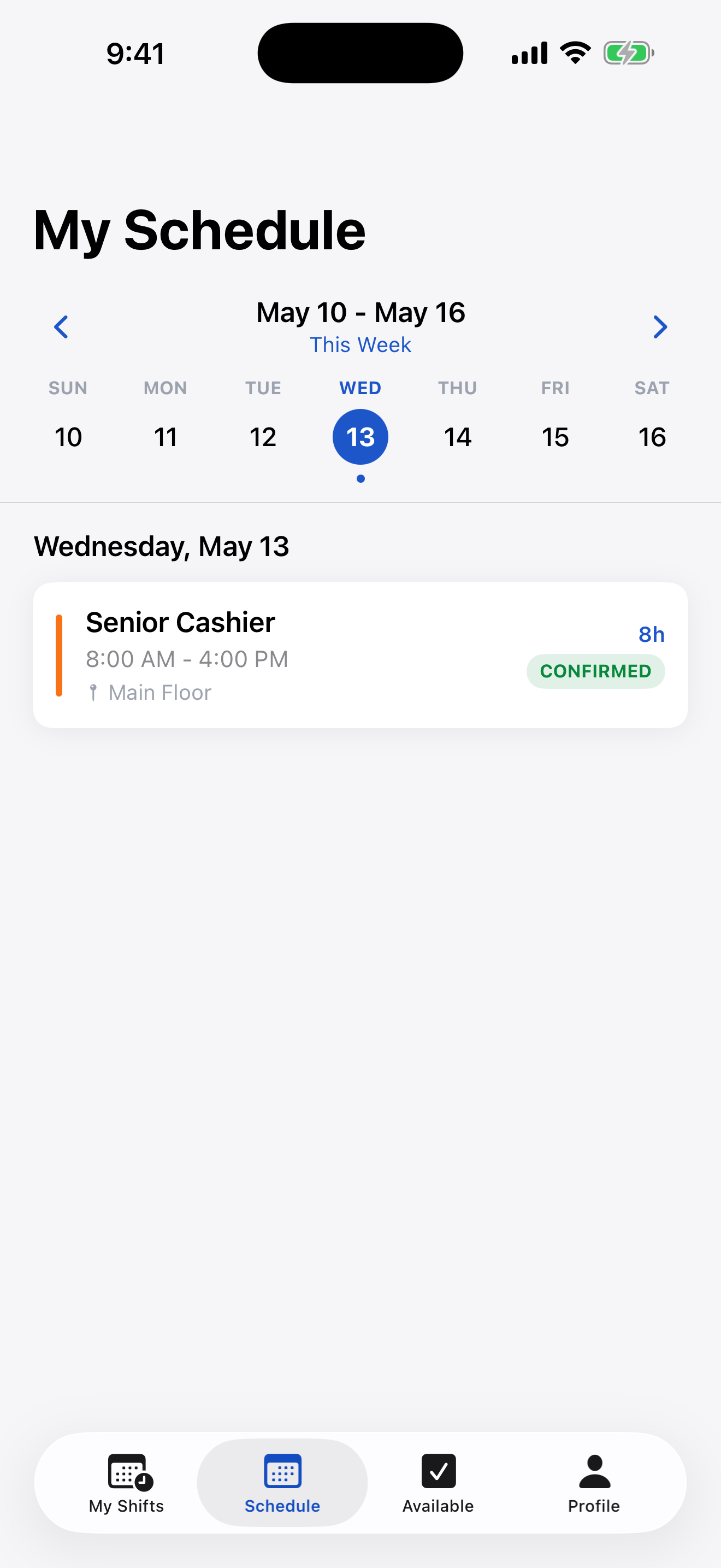 My Schedule weekly view with selected Wednesday and a confirmed Senior Cashier shift